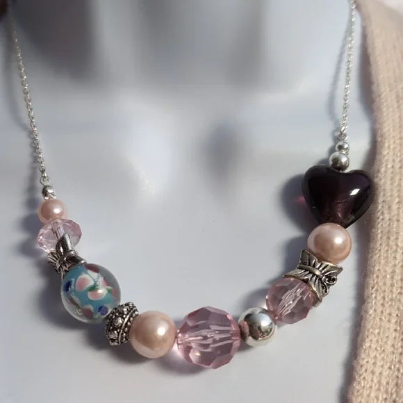 Purple Glass Heart Beaded Slider Chain Necklace - Picture 4 of 5